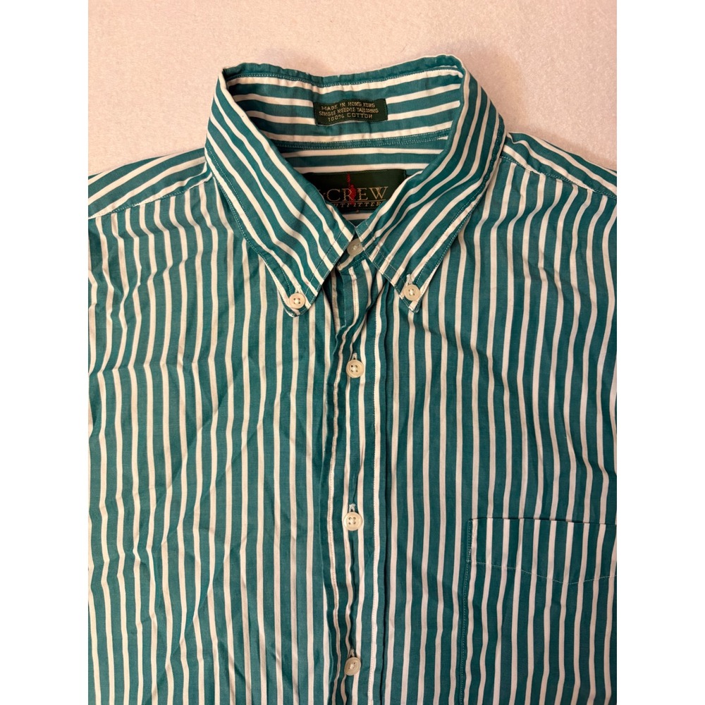 Vintage J.Crew Outfitters Mens Medium Teal Green White Striped Cotton Shirt M